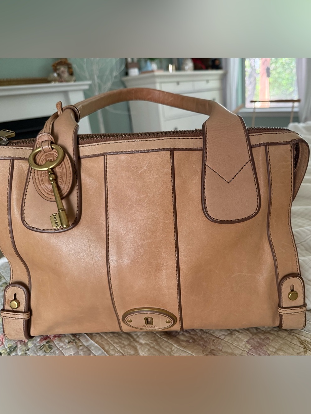 Fossil Leather Satchel with Brass Key Charm - Light Tan